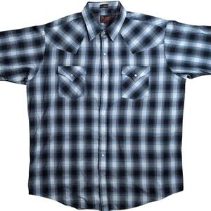 Plains Western Wear Shirt Mens XLT Tall Blue Plaid Pearl Snap Short Sleeve